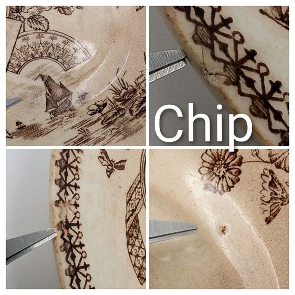 Antique New Wharf Pottery Tennyson Saucers Plates 2 Brown White Transferware 6" - Picture 11 of 12